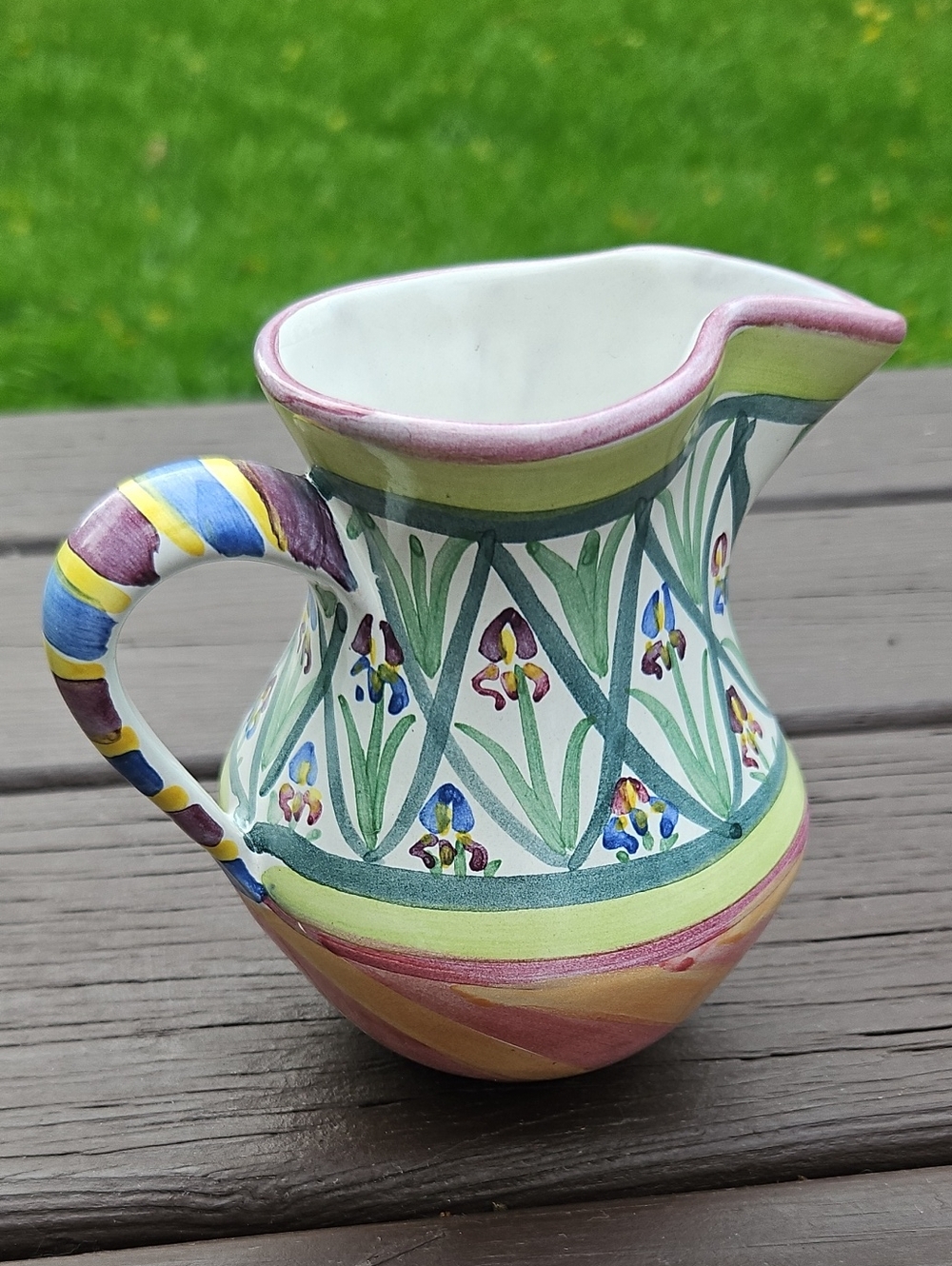 Hand-Painted Floral Ceramic Creamer in Yellow, Green and Pink